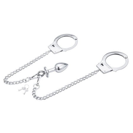 Anal plug with chain and hand cuffs metal L - Silver