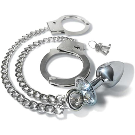 Anal plug with chain and hand cuffs metal L - Silver